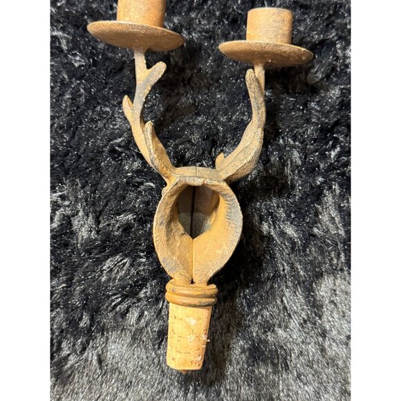 Rustic Cast Iron Deer Head Double Antler Candle Holder With Cork Base Wine Stop - Picture 2 of 8